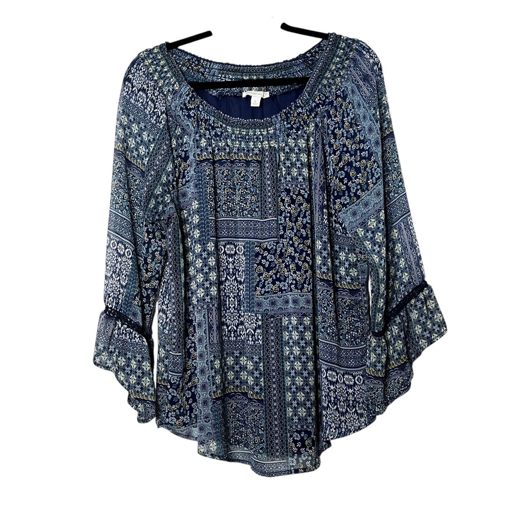 Westport 1962 Blue Patchwork Boho Blouse Smocked Neck Bell Sleeve XL